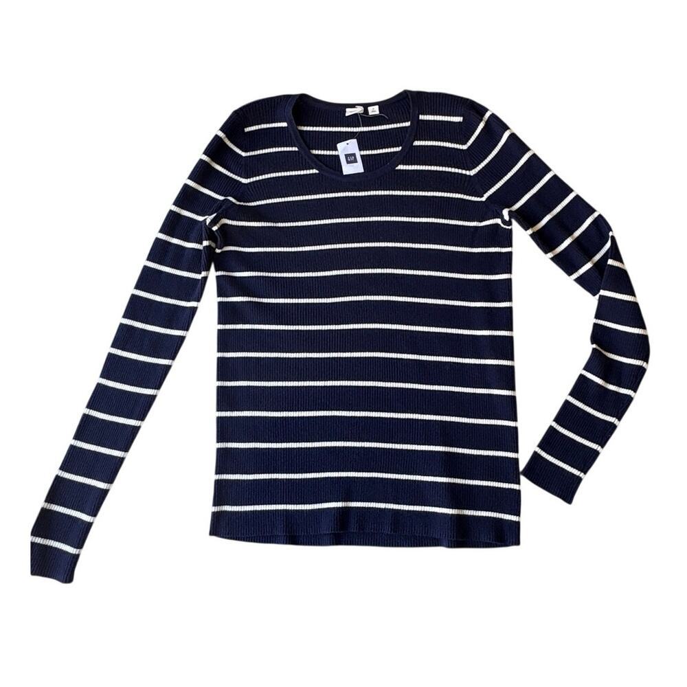 NWT Gap Navy White Stripe Ribbed Crewneck Long Sleeve Sweater Size Medium
